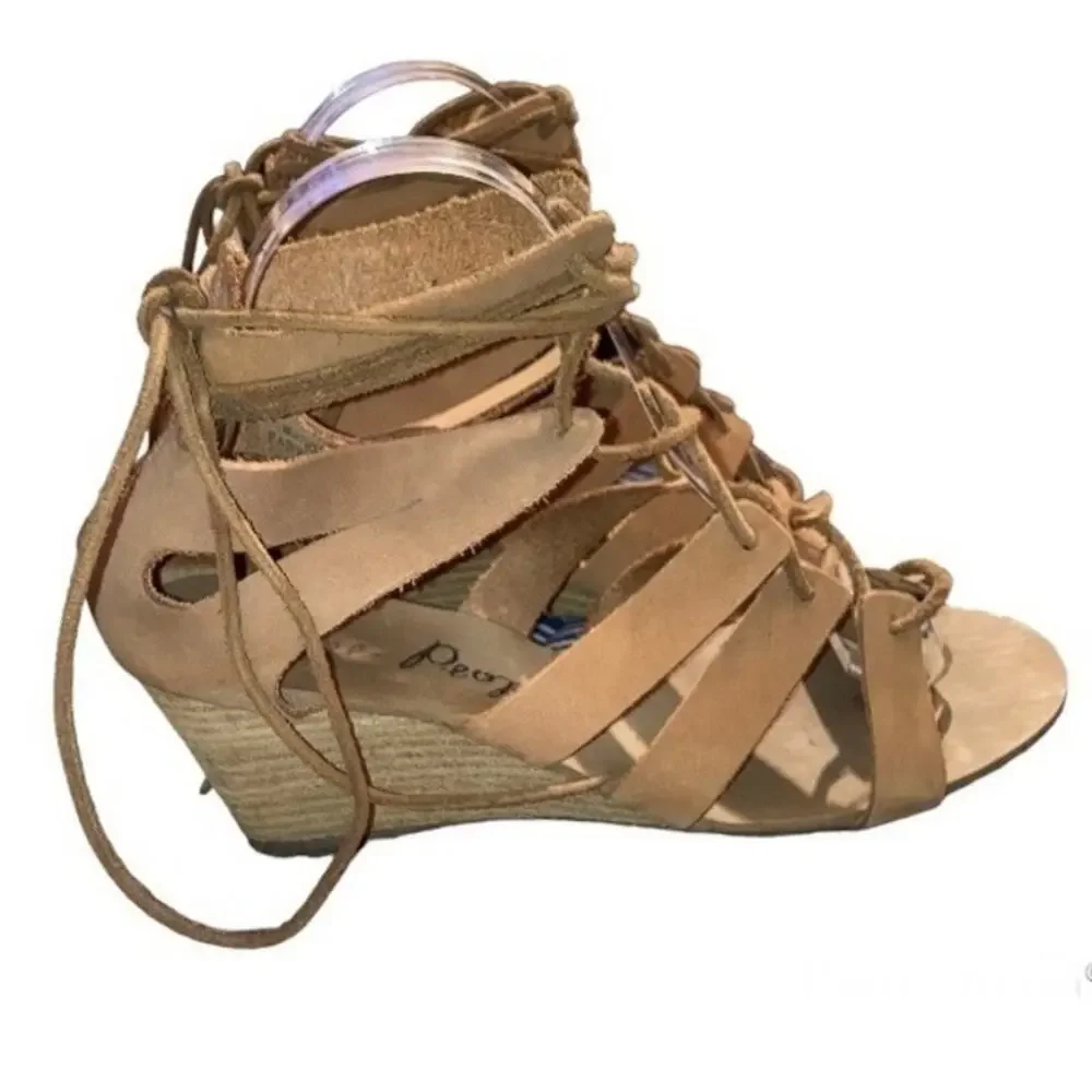 Free people cradle mini wedge strappy gladiator sandal Congac tan leather sz 8.5